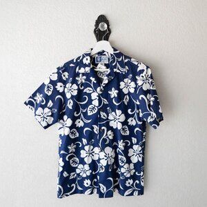 RJC Hawaiian Shirt Men’s Small Blue White Floral Aloha Made in Hawaii Cotton